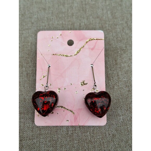 Red Art Handmade Resin Heart Shaped  Earrings Tones Verdes Jewelry - Picture 5 of 6
